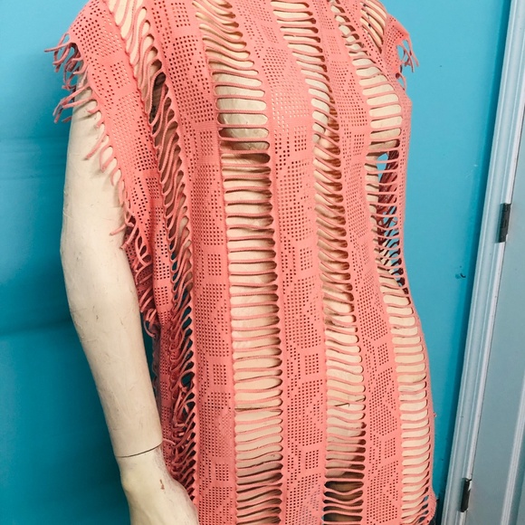 Salmon See Thru Slices & Fringe Pullover Sleeveless Tunic Top/Swimwear Cover~L - Picture 3 of 5